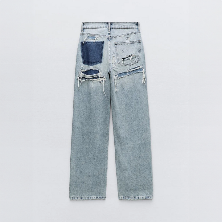 Comfortabele vintage ripped jeans voor dames, rechte pasvorm, ideaal voor een relaxte stijl.