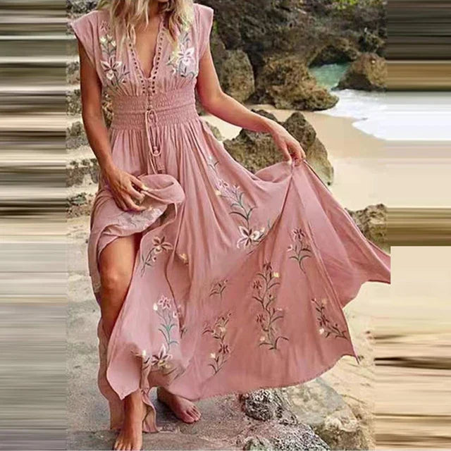Comfortabele casual bohemian maxi zomerjurk voor dames met elegante bloemenborduursels, ideale vakantiejurk.