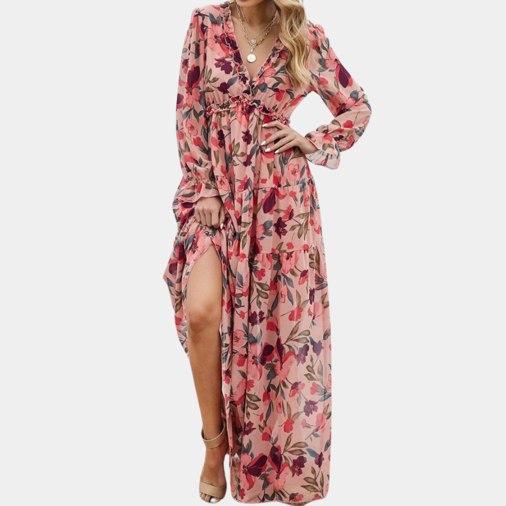 "Boho maxi-jurk met kleurrijke bloemenprint en diepe V-hals, ideaal voor zomerse stijl en elegantie"