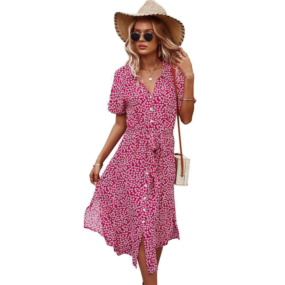 "Boho maxi-jurk met kleurrijke bloemenprint, luchtige stof, perfecte zomerkeuze voor zonnige dagen, bohemian stijl."