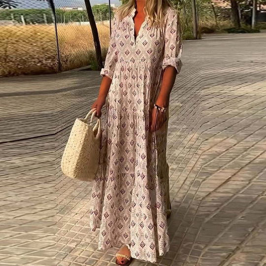 Boho maxi-jurk voor dames met V-hals, geometrische patronen en opgerolde mouwen, vloeiende pasvorm voor chic en casual stijl.