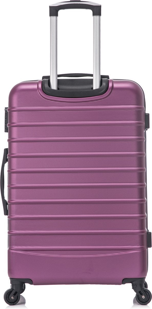 Twee bordeaux hardshell reiskoffers, groot en klein, naast elkaar. Ideaal voor reizen en vakantie.