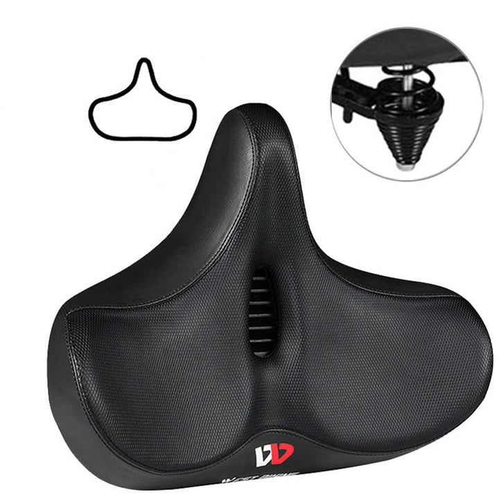 Zwart comfort fietszadel, breed en ergonomisch ontworpen voor optimaal zitcomfort.
