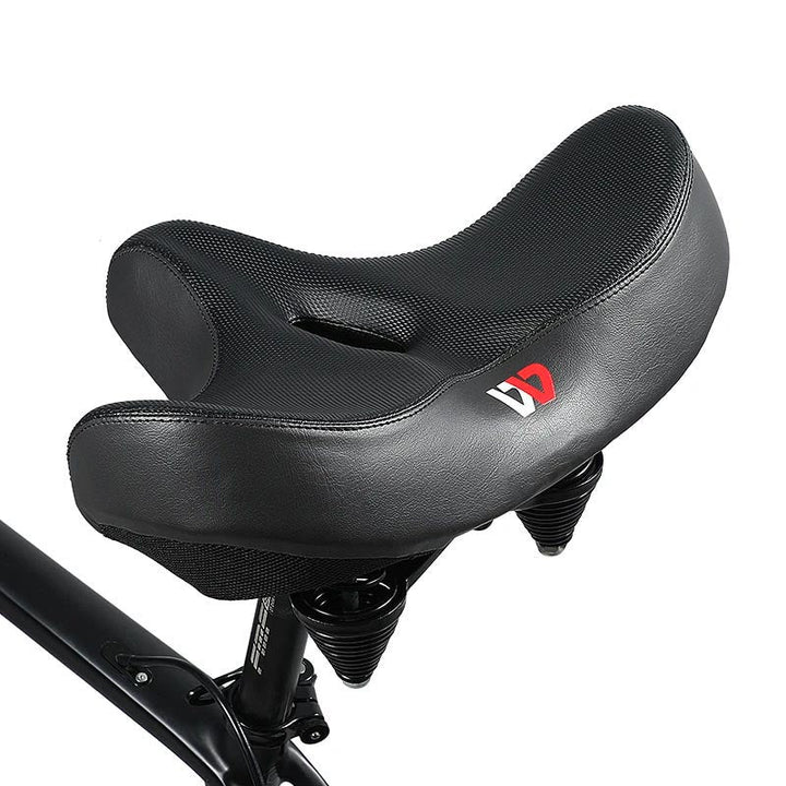 Duurzaam comfort fietszadel met brede zit, ademend en schokabsorberend.