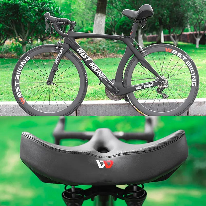 Zwart, breed fietszadel met comfortabele demping, geschikt voor stads- en tourfietsen.