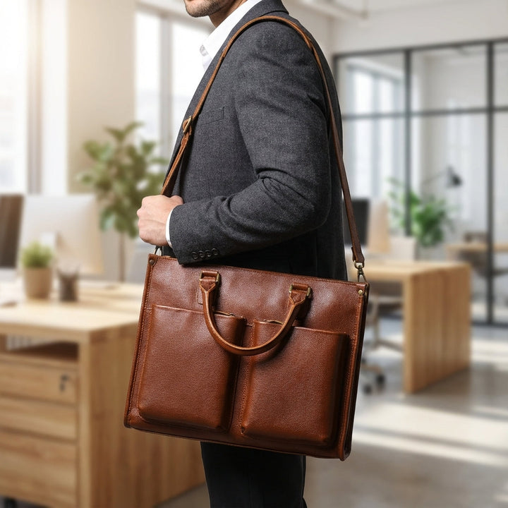 Bruine Leatheron unisex zakelijke aktetas met ruim laptopvak, ideaal voor werk en pendelen.