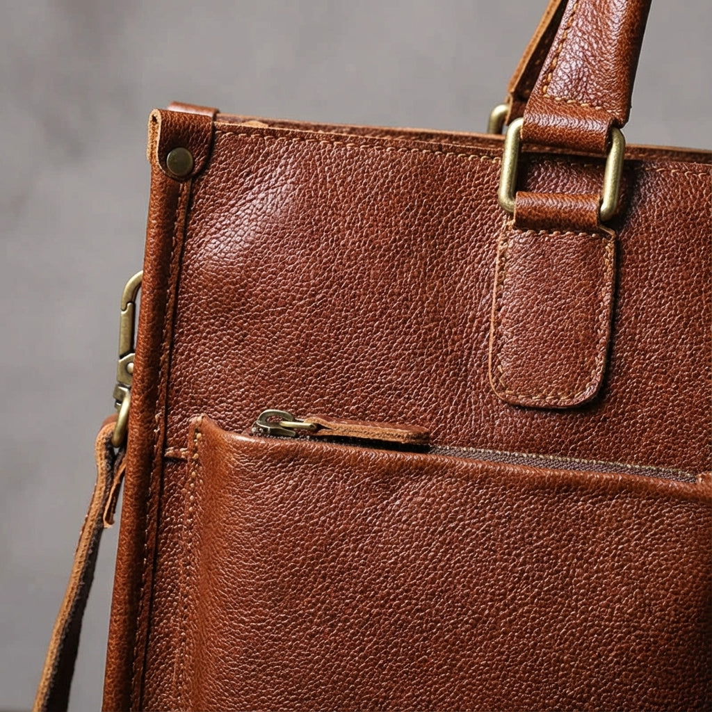 Veelzijdige Leatheron kantoortas/reistas met apart laptopvak. Stijlvolle bruine unisex aktetas.