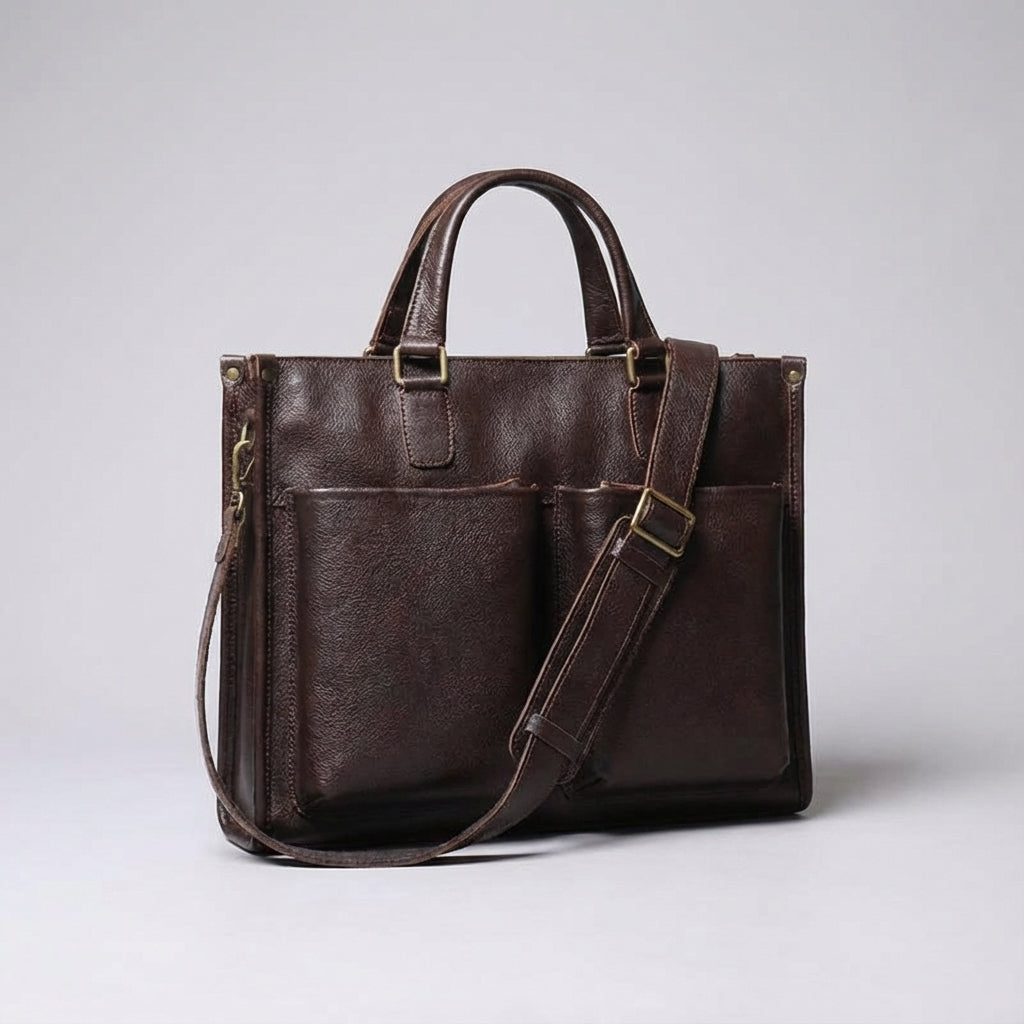 Elegante Leatheron zakelijke aktetas, donkerbruin, met speciaal laptopvak voor dagelijks kantoor- of reisgebruik.