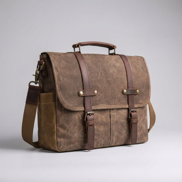 Khaki leren messenger tas heren, robuuste werktas en dagelijkse tas met comfortabele schouderband.
