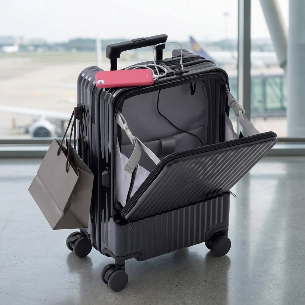 CarryNex handbagage koffer met voorvak, ideaal voor snel toegang & opladen via USB. Lichtgewicht & compact.