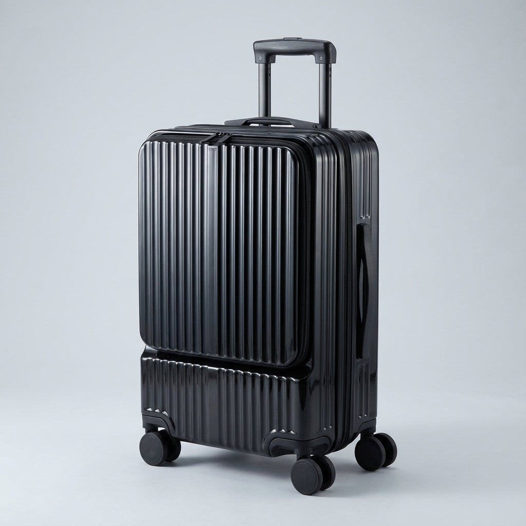 Compacte handbagage koffer van CarryNex met voorvak voor laptops & gadgets. Essentieel voor slim reizen.