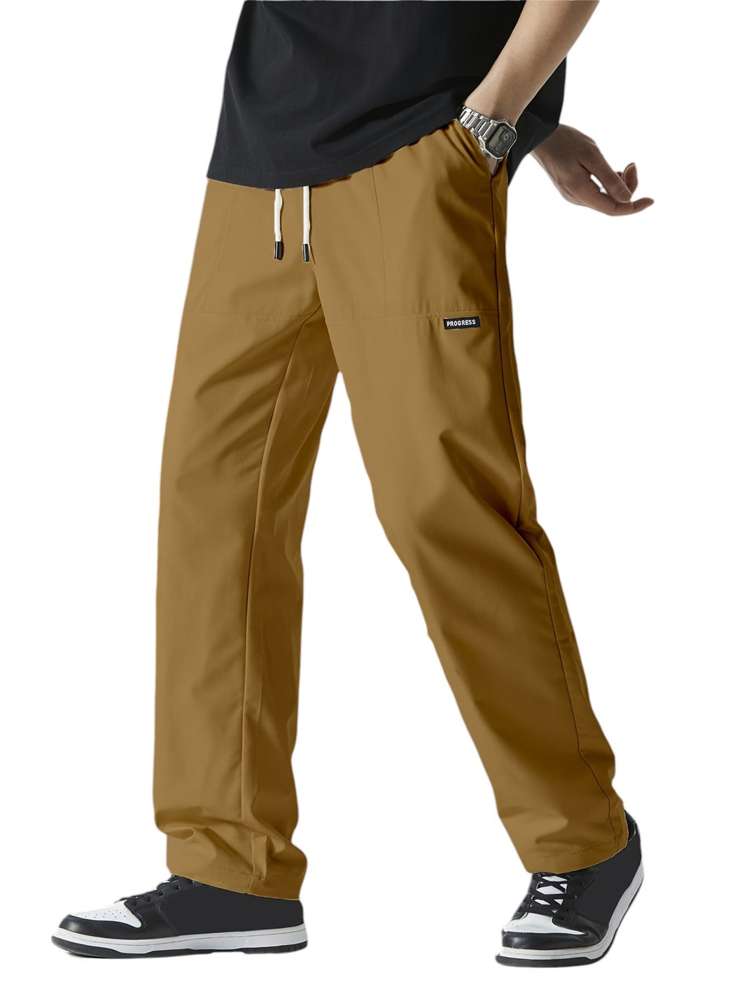 "Casual chique heren joggingbroek, donkergrijs, ademende stof, elastische tailleband met trekkoord, comfortabele pasvorm."