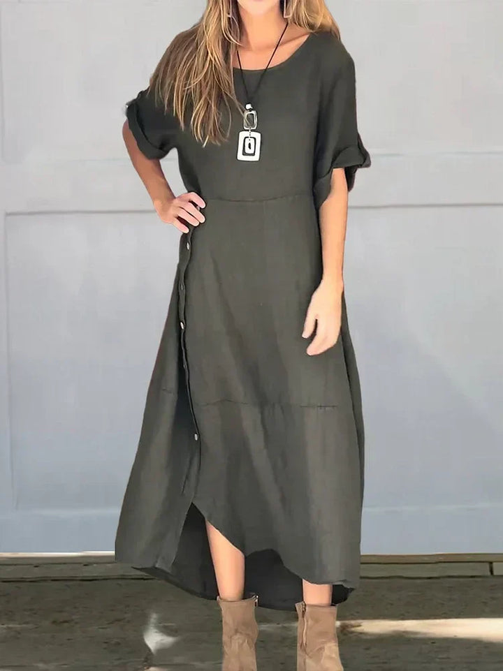 Modieuze dames midi jurk, casual blouse stijl. Deze comfortabele en veelzijdige lange jurk is elegant en trendy.