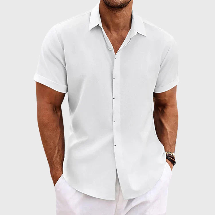 Stijlvol Luca herenoverhemd, casual pasvorm, korte mouw, beige katoen-linnen voor minimalistische zomerlooks.
