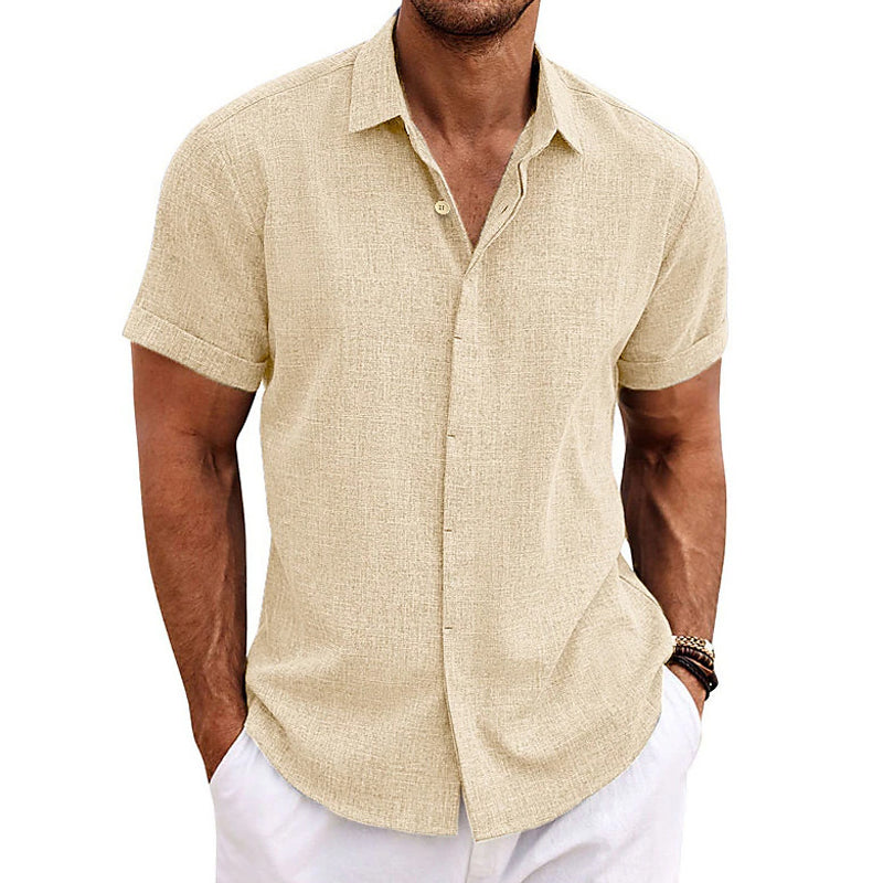 Voorzijde van een minimalistisch Luca herenoverhemd, korte mouw, ademend katoen-linnen, casual en comfortabel.