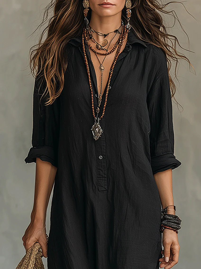 Comfortabele dames maxi jurk, luchtig met overhemdkraag, lange mouwen en trendy zijsplit.