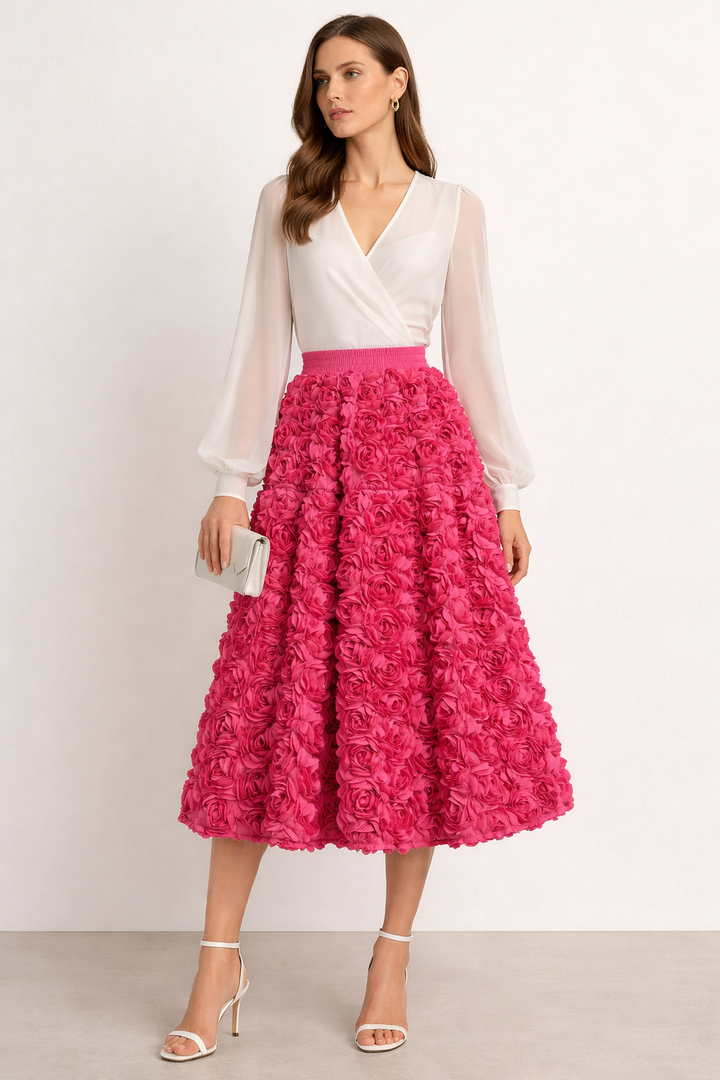 Chique dames bloemen midirok met volume en reliëf. Vrouwelijke lente/zomerrok, perfect voor gelegenheden.