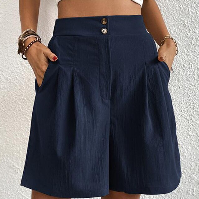 "Chique dames shorts met zilveren dubbele knopen, hoge taille, ideaal voor zomer, veelzijdig en comfortabel voor elke outfit.
