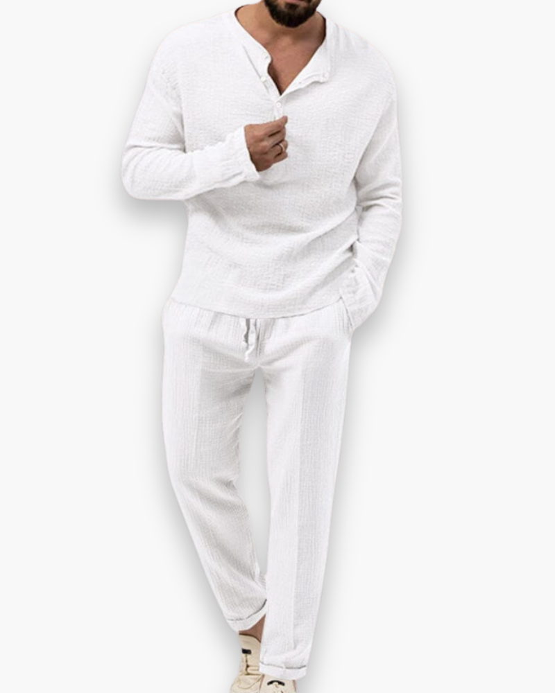 Chique heren zomerset, luchtig en comfortabel, perfect voor zomerse dagen. Twee-delige outfit.