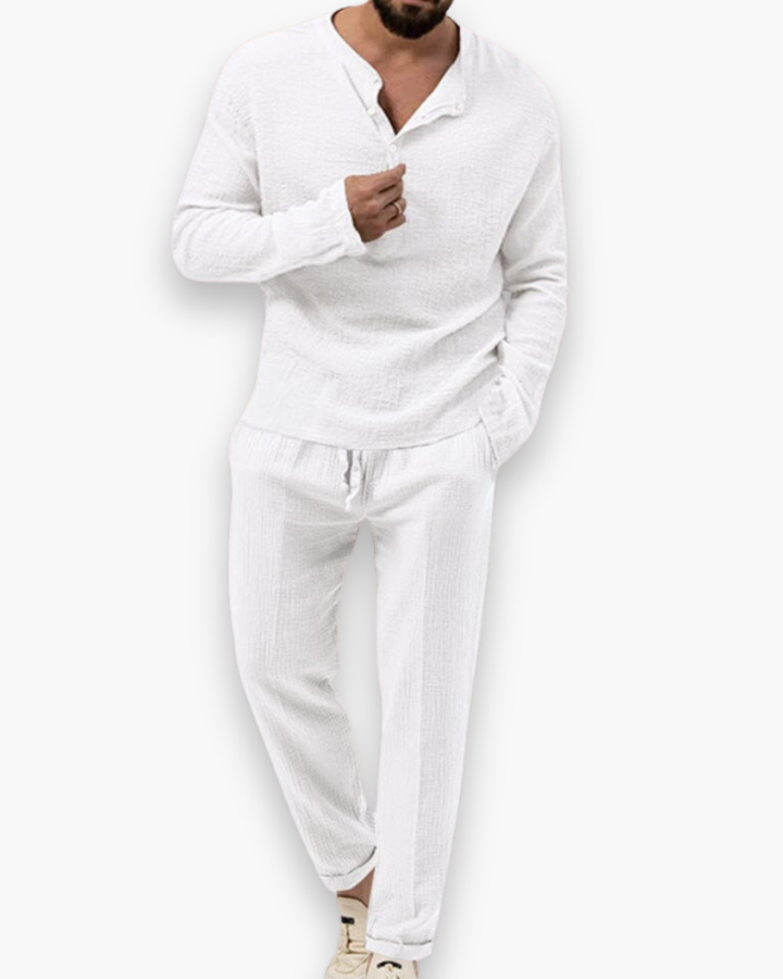 Chique heren zomerset, luchtig en comfortabel, perfect voor zomerse dagen. Twee-delige outfit.
