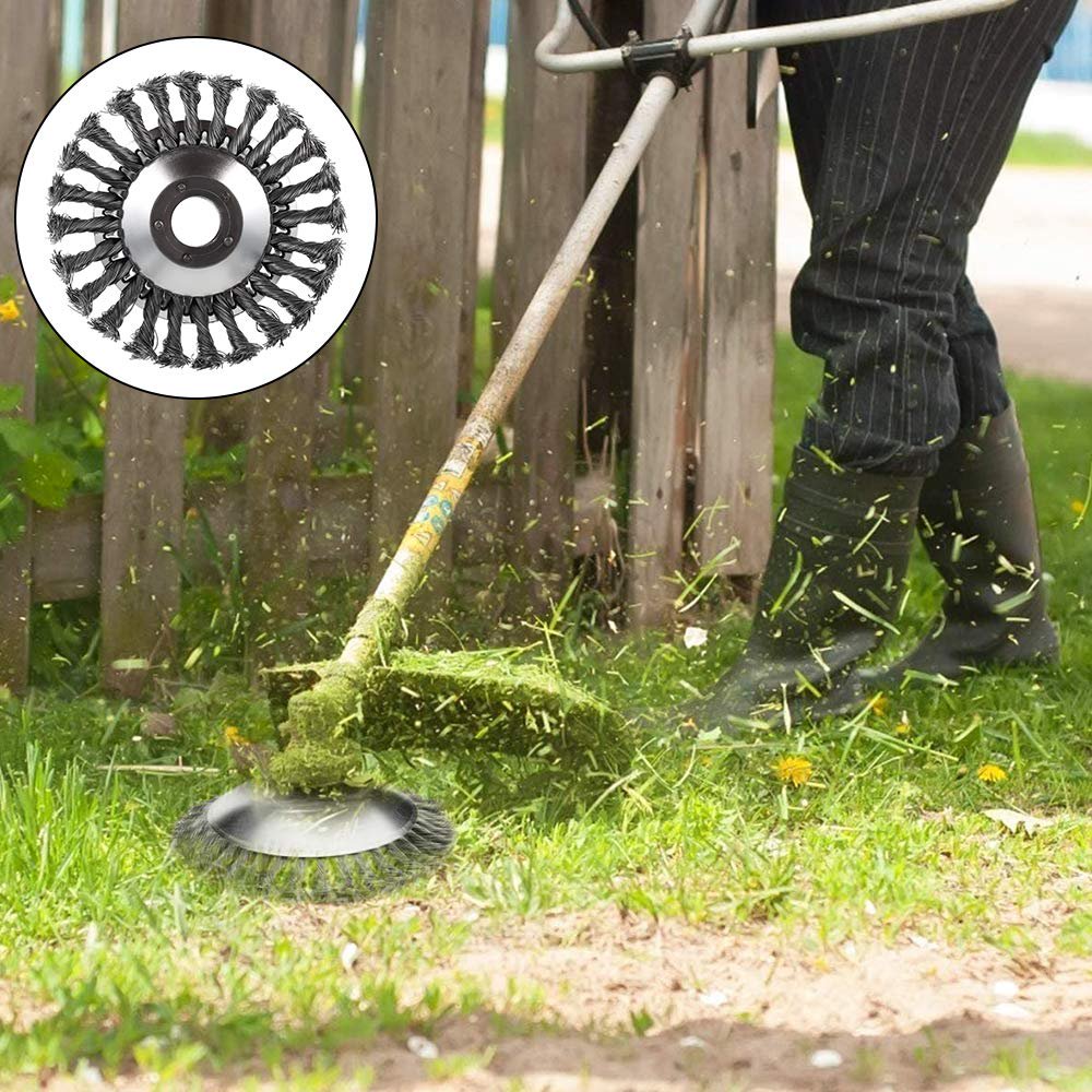 Universele trimmerkop met robuuste staaldraden, essentieel tuingereedschap voor gazononderhoud en onkruidverwijdering.