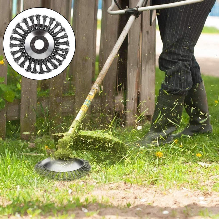 Universele trimmerkop met robuuste staaldraden, essentieel tuingereedschap voor gazononderhoud en onkruidverwijdering.