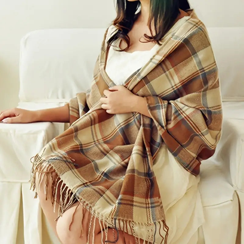 Coleen kasjmier sjaal met ruitenpatroon in beige, 180x50 cm, modieuze en warme winteraccessoire voor dames.