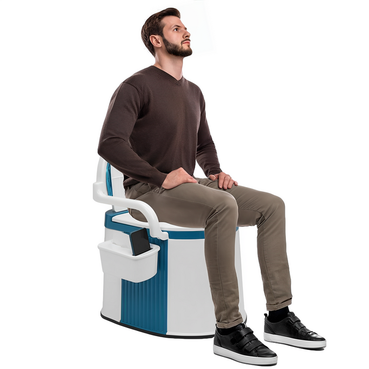 ComforLoo draagbaar toilet met rugleuning voor volwassenen en ouderen, ideaal voor thuiszorg en camping.