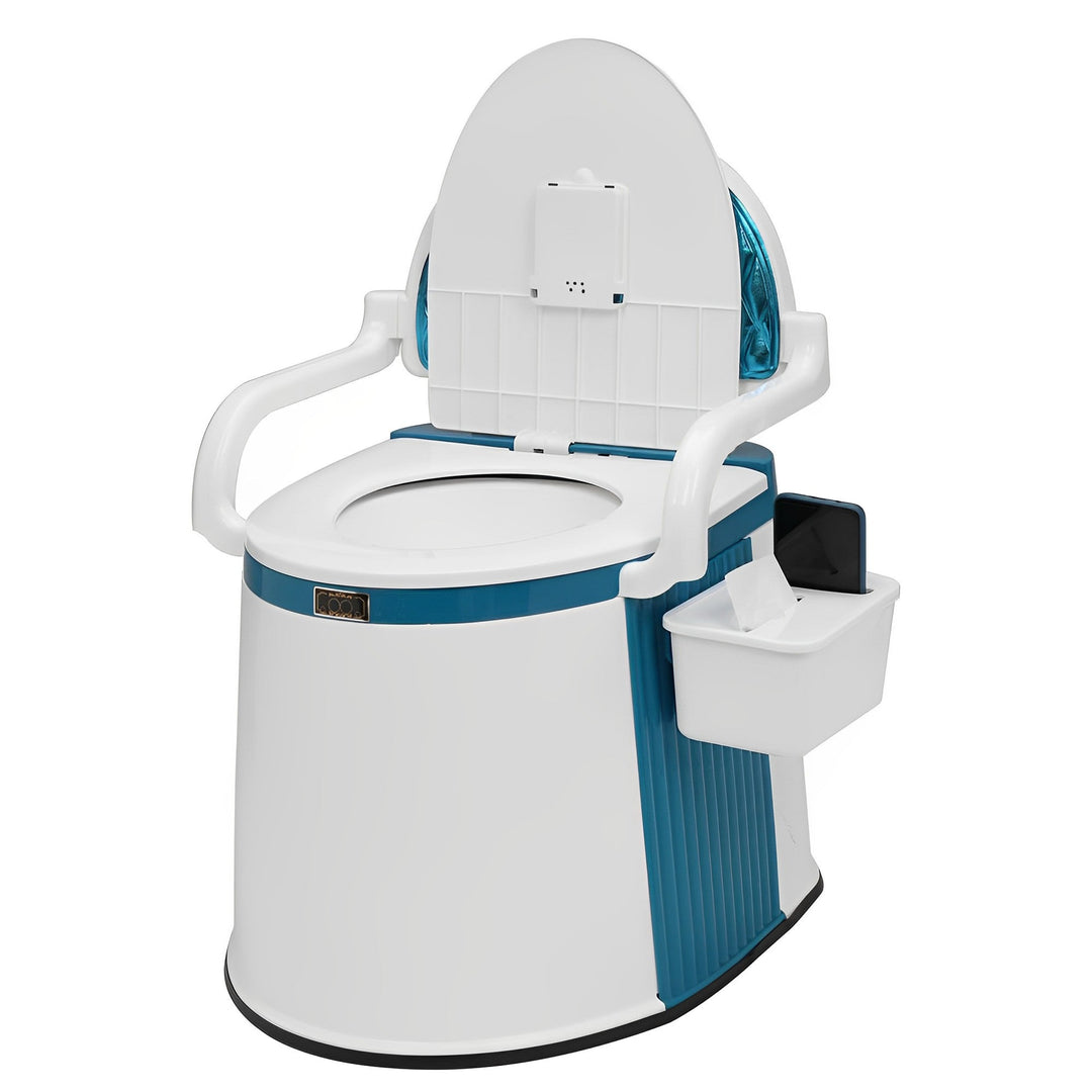 Compact mobiel reis toilet (ComforLoo) voor buitenleven, kamperen en onderweg; comfortabel voor senioren.
