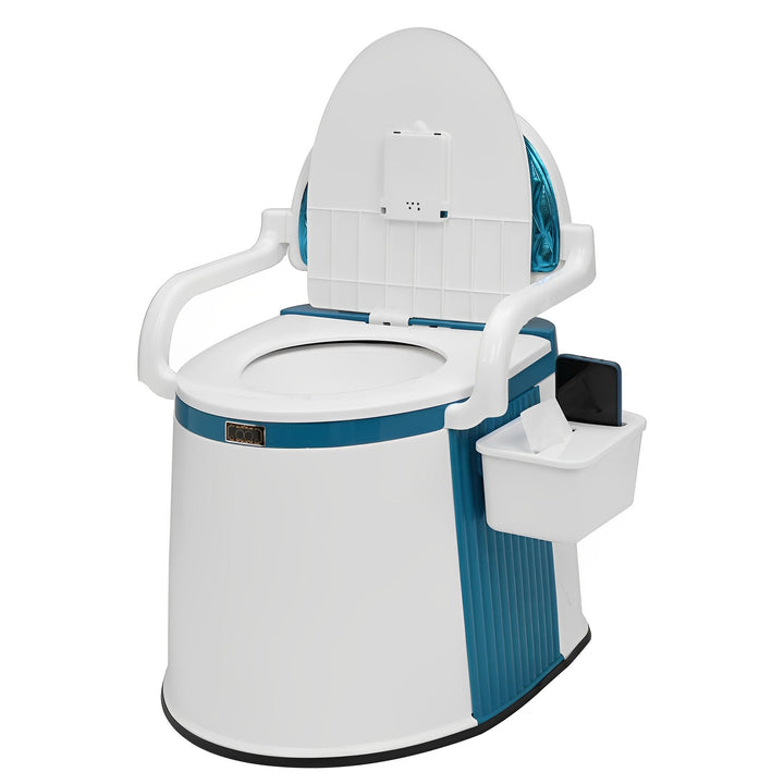 Compact mobiel reis toilet (ComforLoo) voor buitenleven, kamperen en onderweg; comfortabel voor senioren.