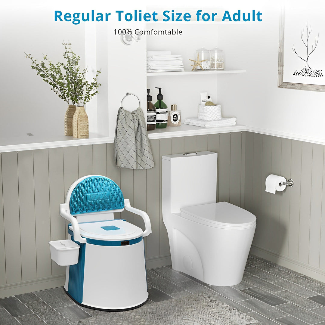 Comfortabele commode (ComforLoo) met rugleuning, speciaal ontworpen voor ouderen en thuiszorg situaties.