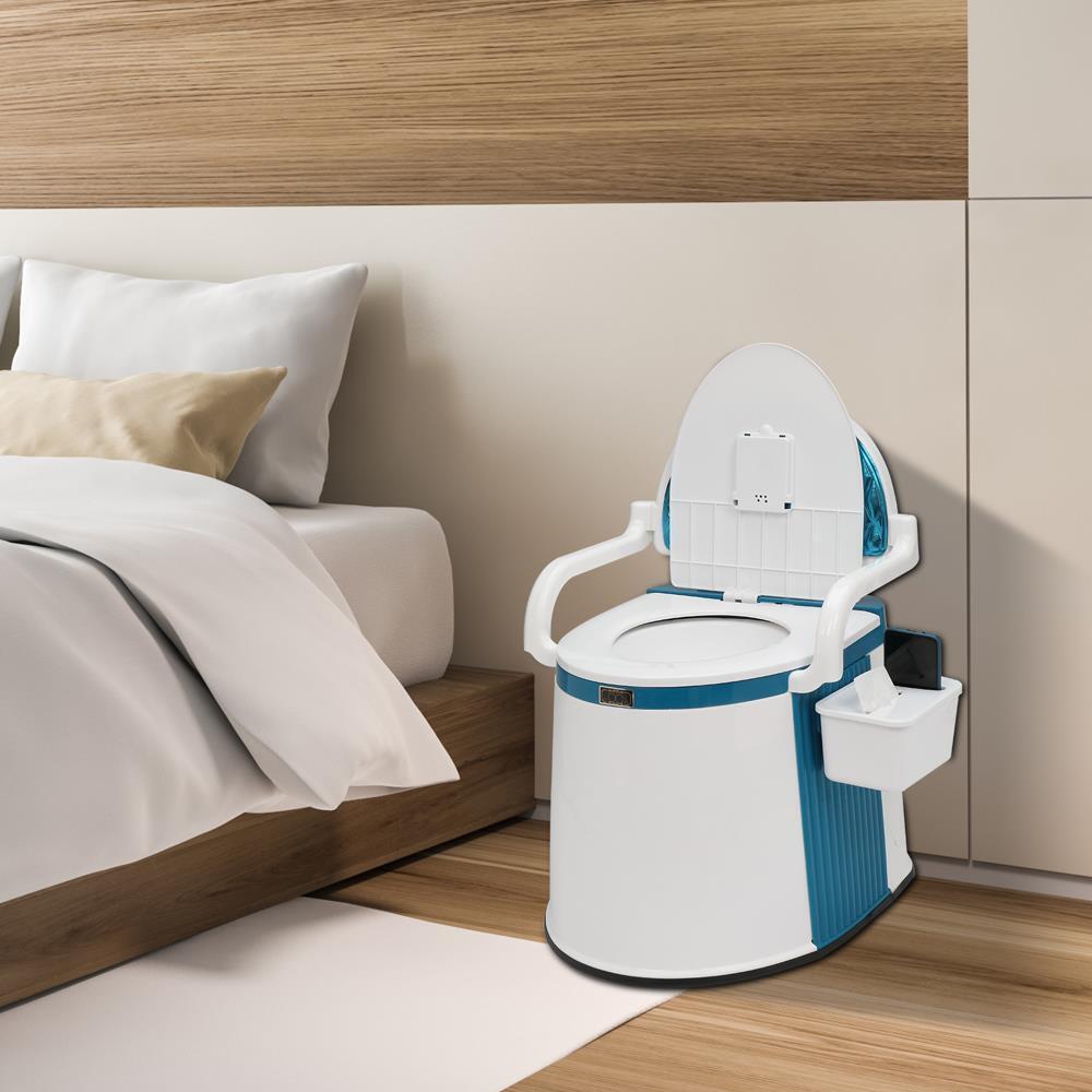 Ergonomische rugleuning van het ComforLoo draagbaar toilet, voor extra comfort voor volwassenen en ouderen.