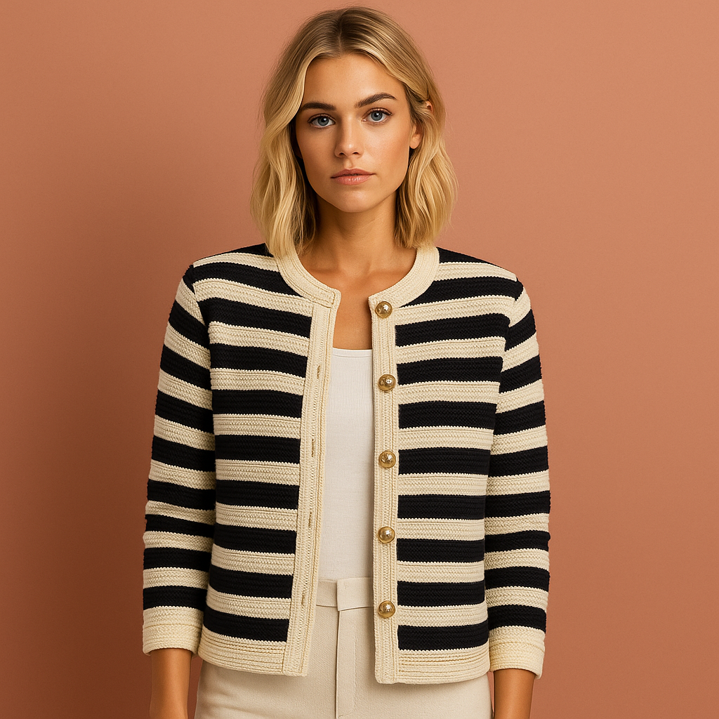 Comfortabel gestreept damesvest met knoopsluiting, zacht en modieus, perfect voor een casual of elegante look.