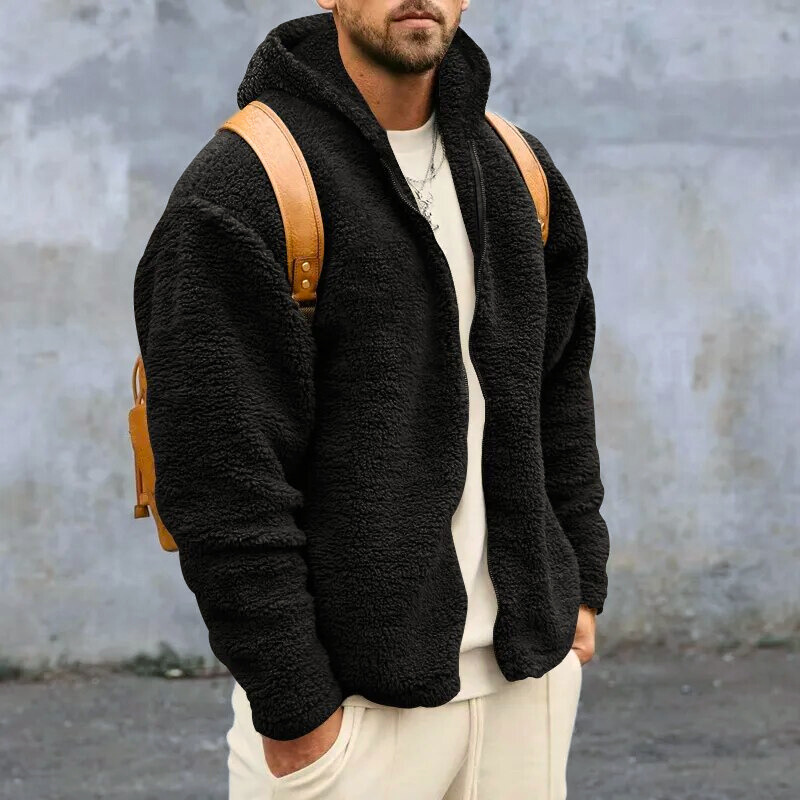 Warm heren fleecevest met volledige ritssluiting, capuchon en zakken, perfect voor winter.