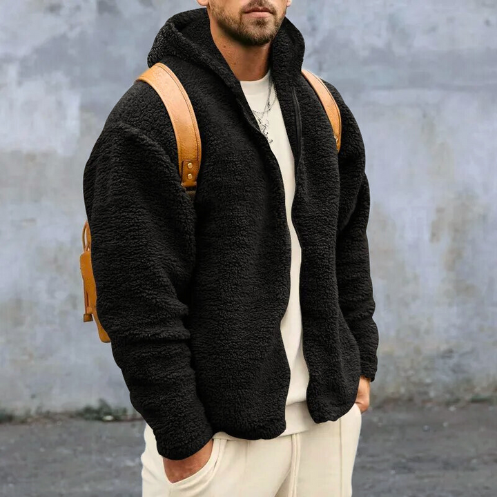 Warm heren fleecevest met volledige ritssluiting, capuchon en zakken, perfect voor winter.