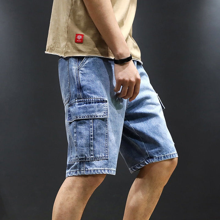 Stijlvolle blauwe heren shorts met rechte zakken, veelzijdig en comfortabel voor zowel zomerse vrije tijd als dagelijks gebruik.