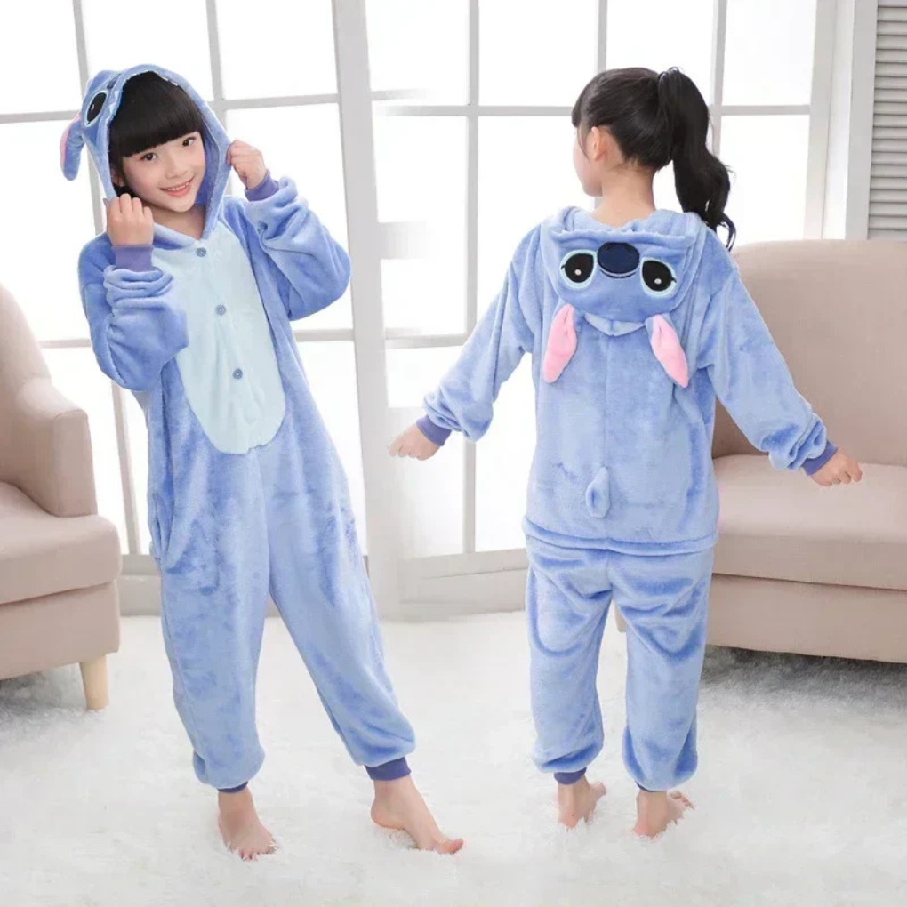 Comfortabele blauwe kinder Stitch onesie pyjama voor jongens en meisjes, ideaal als loungekleding.