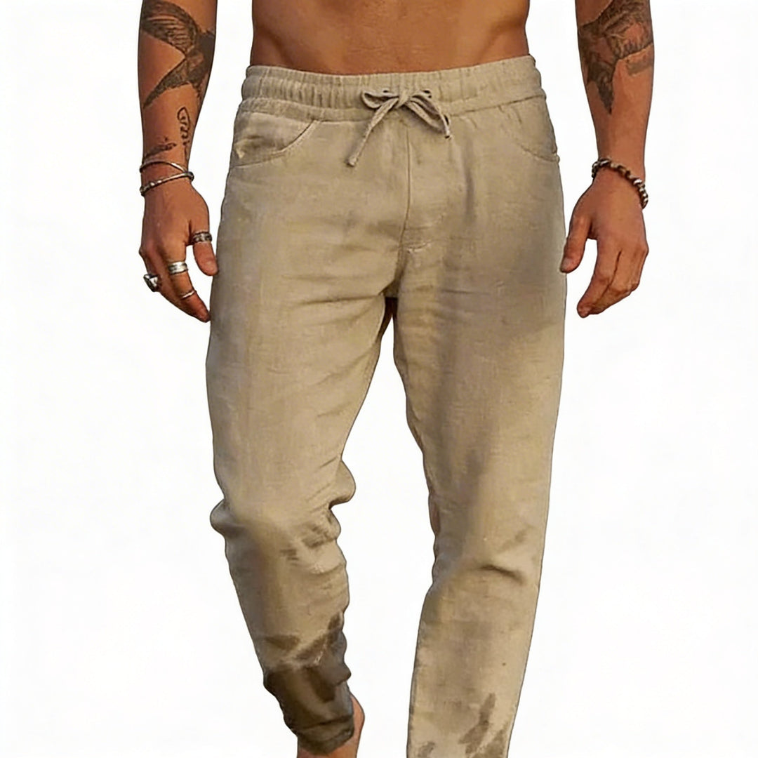 Comfortabele casual herenbroek met elastische taille en trekkoord, perfect voor een relaxte vrijetijdslook.