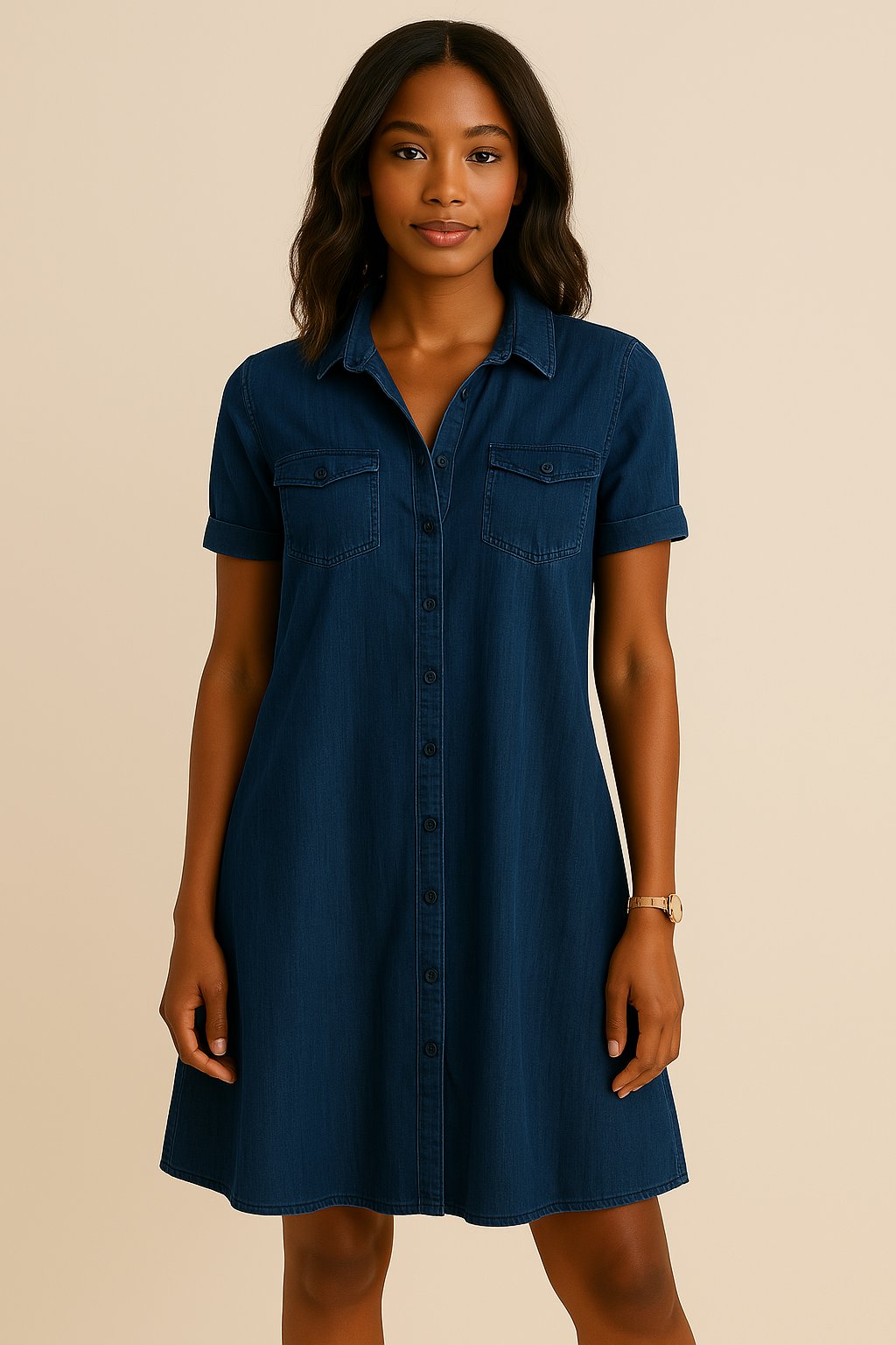 Casual dames overhemdjurk met knopen; comfortabel en modieus. Een veelzijdige keuze voor de lente en zomer.