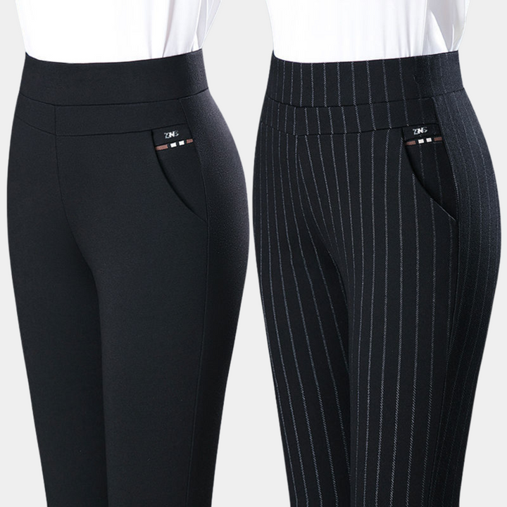 "Comfortabele dames stretchbroek, hoge taille, zwart met strepen, elastische stof voor een flatterend en stijlvol silhouet."
