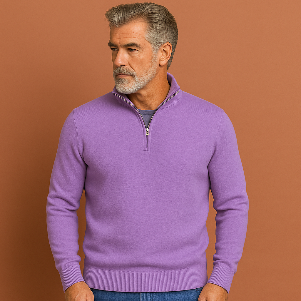 Zwarte comfortabele herentrui met kwartrits, stijlvolle polotrui voor een relaxte doch verzorgde look. Bovenkleding.