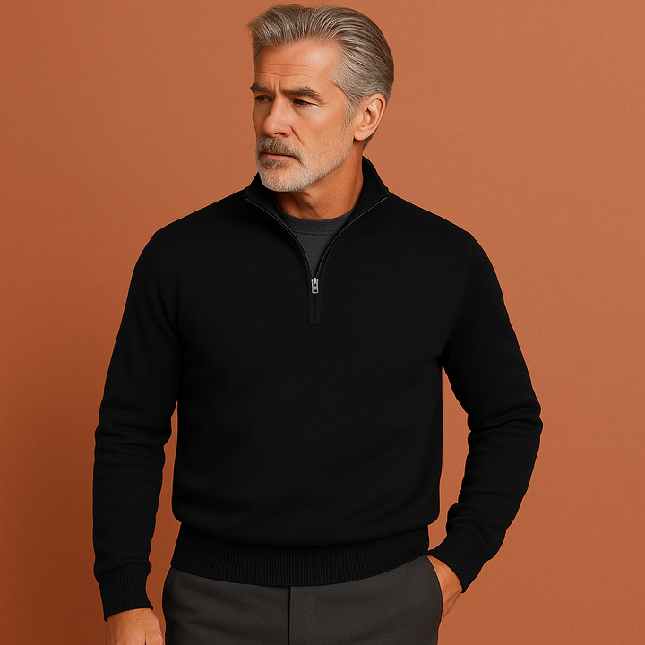 Moderne blauwe heren kwartrits trui, comfortabele polotrui. Perfecte casual bovenkleding voor heren.