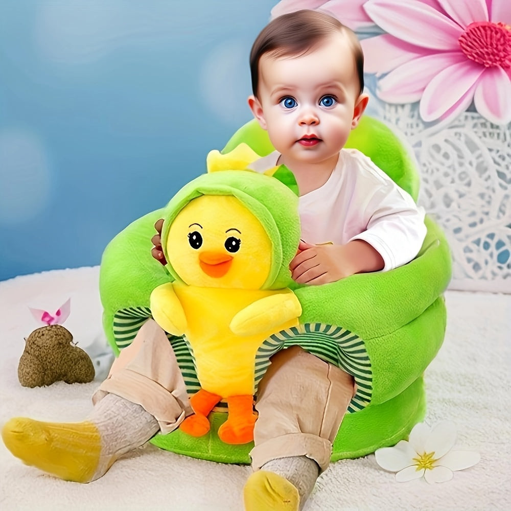 Comfortabele en veilige pluche baby zitstoel in dierenthema; ideaal voor baby's die leren zitten en spelen.