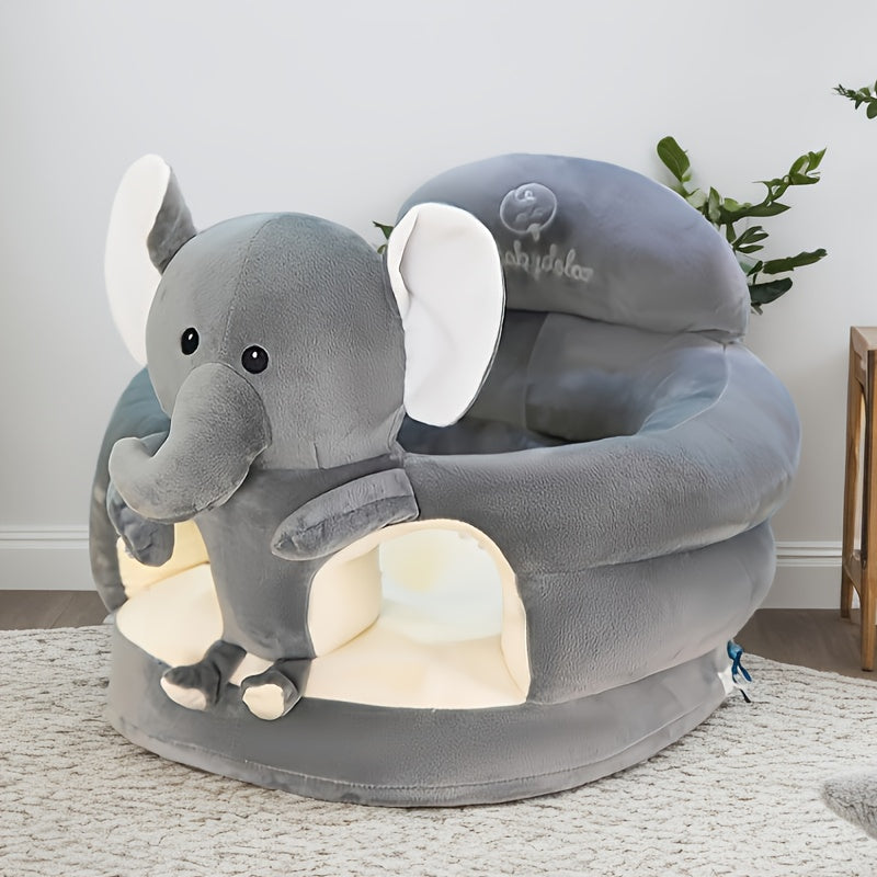 Zachte grijze baby zitstoel van pluche, perfect voor de eerste zitavonturen en stabiel leren zitten.