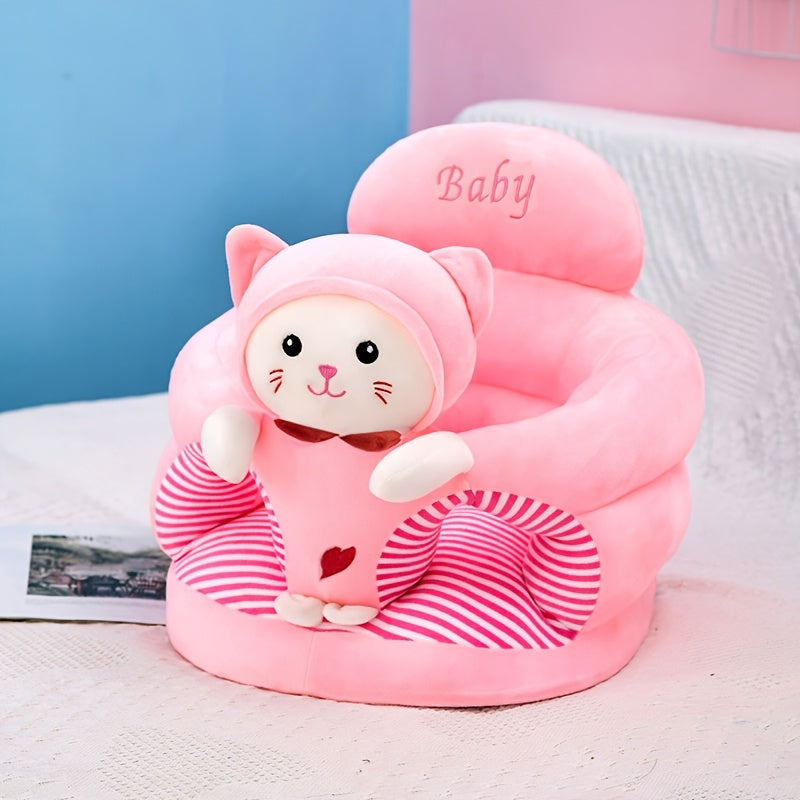 Roze pluche baby zitje in dierenthema; comfortabel en veilig voor peuters om te ontdekken en te spelen.