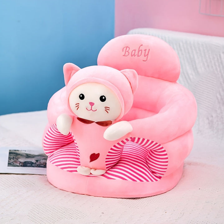 Roze pluche baby zitje in dierenthema; comfortabel en veilig voor peuters om te ontdekken en te spelen.
