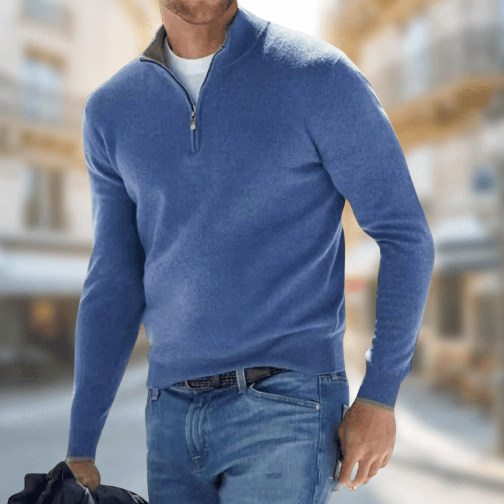 "Comfortabele half-zip herentrui in zachte wolmix met moderne stijl en ribboorden, ideaal voor casual en smart-casual looks."