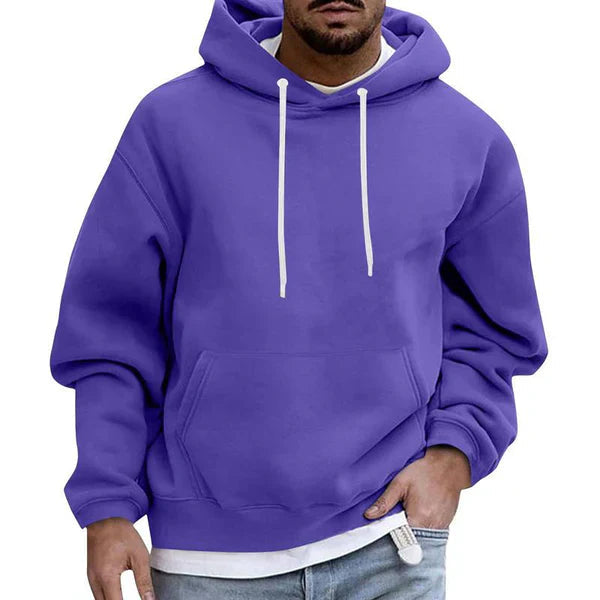 Heren hoodie met buikzak, verkrijgbaar in meerdere kleuren zoals zwart, wit en bordeauxrood. Comfortabele pasvorm.