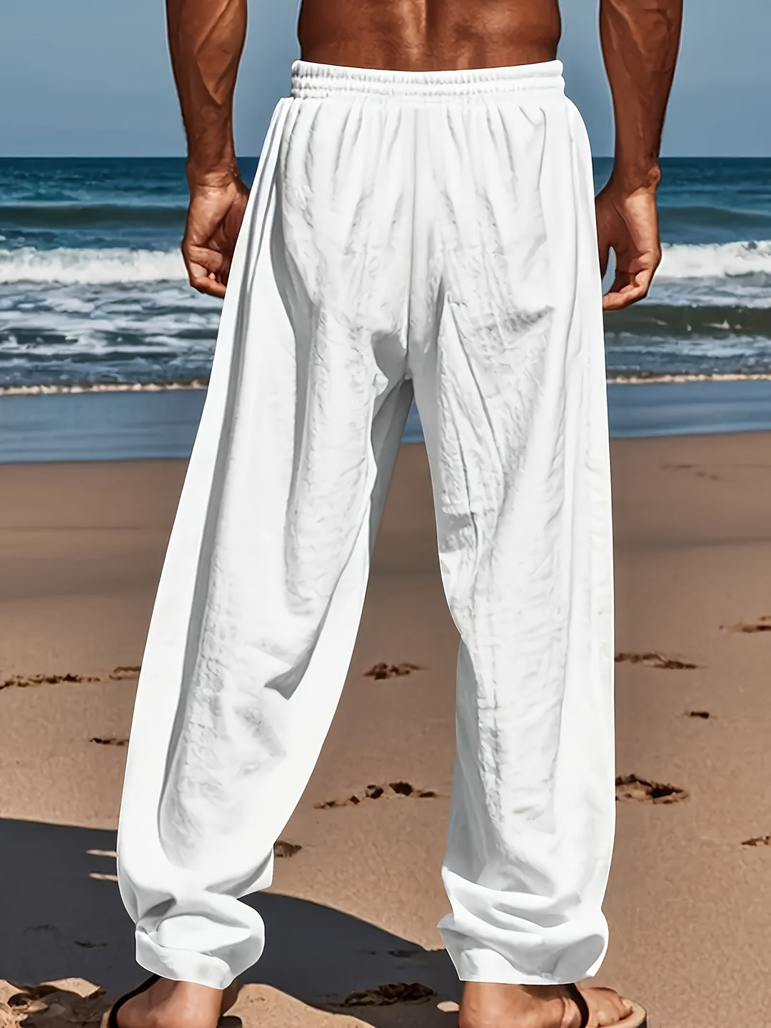 Heren ademende katoen-linnen broek met trekkoord, geschikt als yogabroek, strandbroek of casual zomerbroek.
