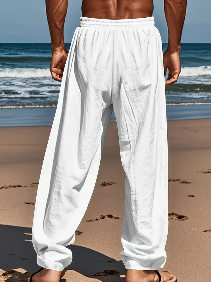 Heren ademende katoen-linnen broek met trekkoord, geschikt als yogabroek, strandbroek of casual zomerbroek.